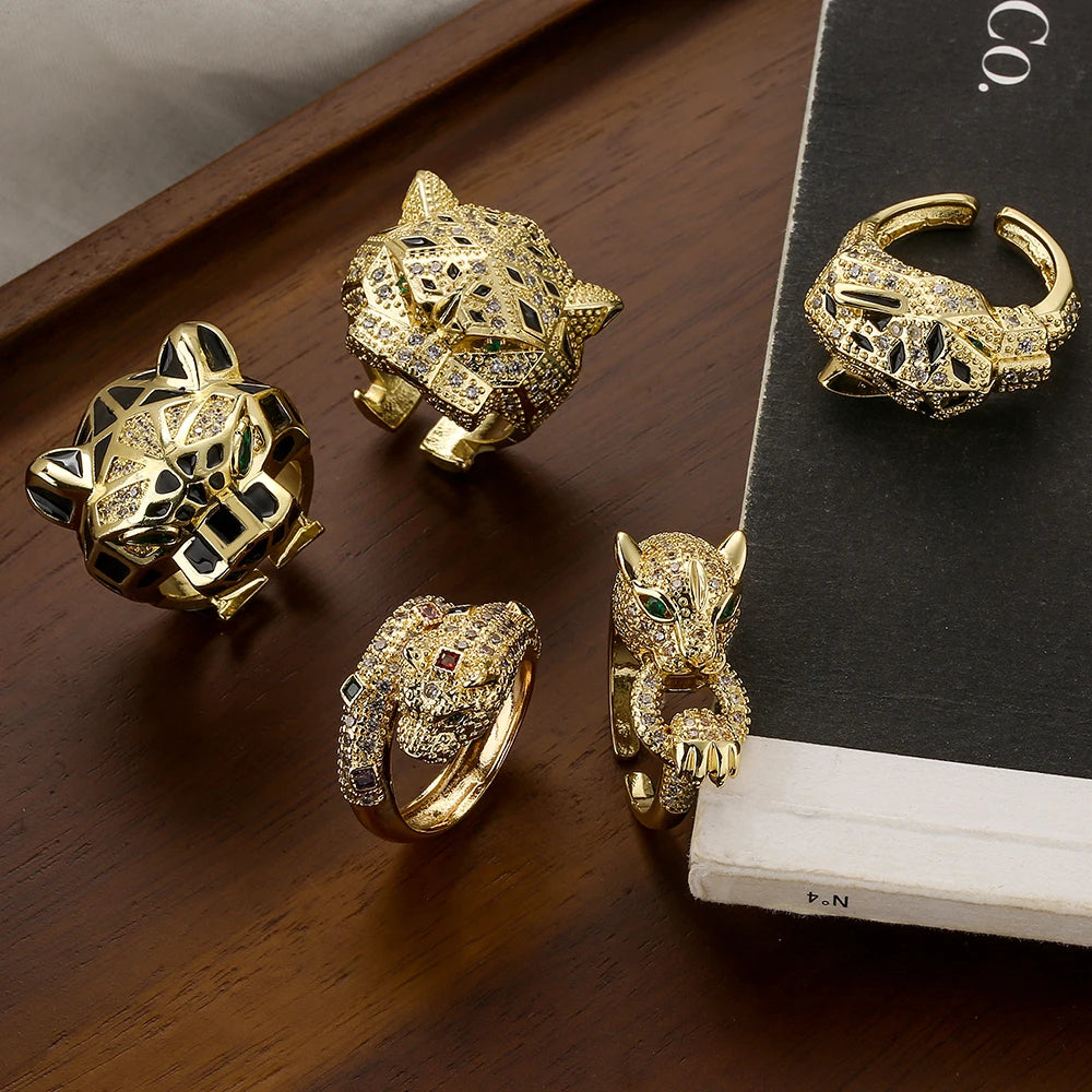 NEWBUY Hochwertiger Modeschmuck Großer Tierring für Frauen Mädchen Party Schmuck Goldfarbe Zirkon Leopard Offener Ring Großhandel