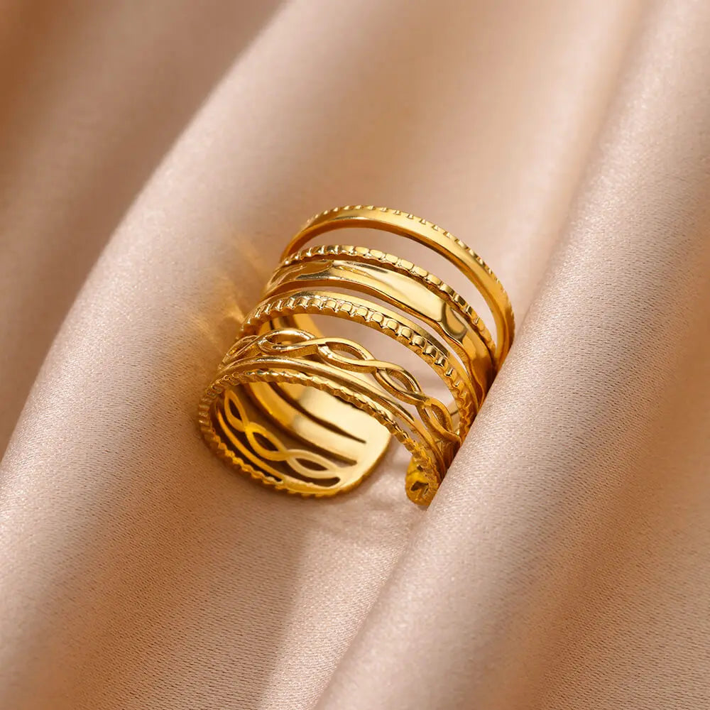 Edelstahl Blumenringe für Frauen Goldfarbe Muschel Seestern Mehrschichtiger Aushöhlungsring Modeschmuck Hochzeitsgeschenke