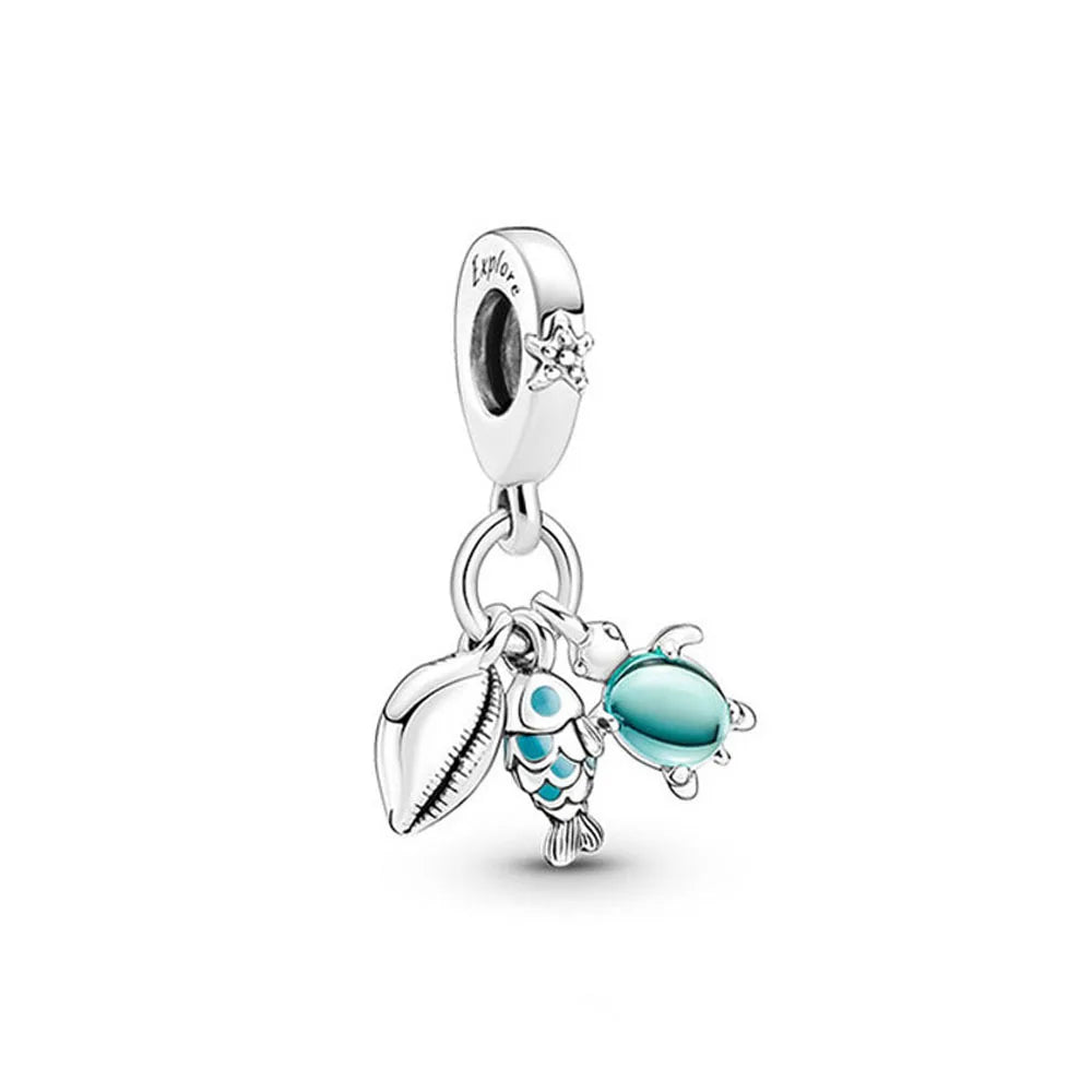 Europäische Sommer Blaue Serie Schildkrötenblumen-Anhänger Passend für S925 Europäisches 925 Sterling Silber Armband Armreifen Halskette