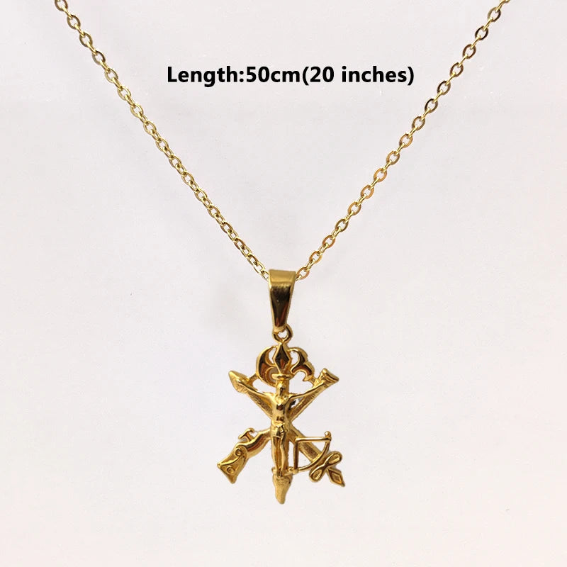 Collar Moderno de Cruz de Jesús - Acero Inoxidable Chapado en Oro de 18K, Diseño de Pistola y Flecha para Hombres, Regalo de Joyería Religiosa Impermeable