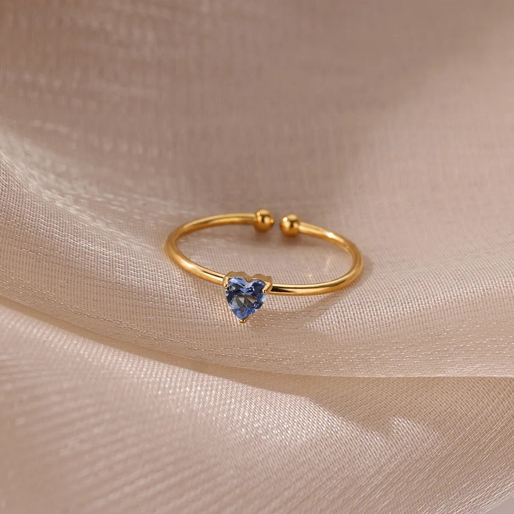 Edelstahl Geburtsstein Offene Ringe für Frauen Mode 12-farbiger Kristall Zirkon Herz Ring Geburtstag Ästhetischer Schmuck Geschenk
