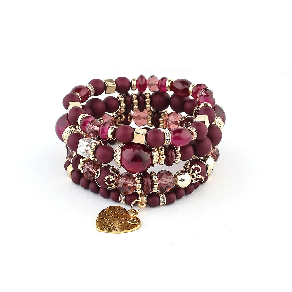 4-teiliges Set Boho Ethno Herz Perlenarmband Set für Damen Handgemachte Kristallperlenkette Armreif Weiblicher Böhmischer Schmuck Geschenk