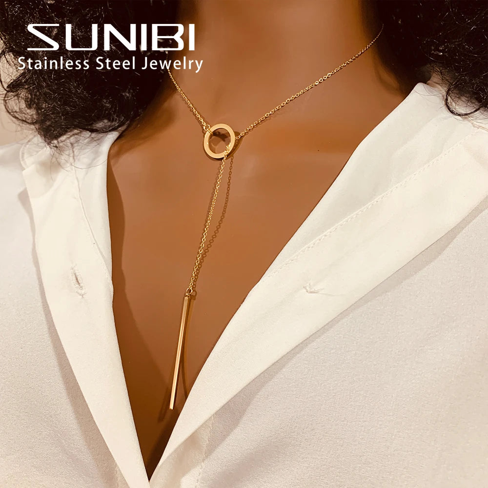 SUNIBI Vertical Bar Pendant Necklaces Stainless Steel Simple Long Lariat Chain Minimalist Dangle Necklace for Women Jewelry Gift