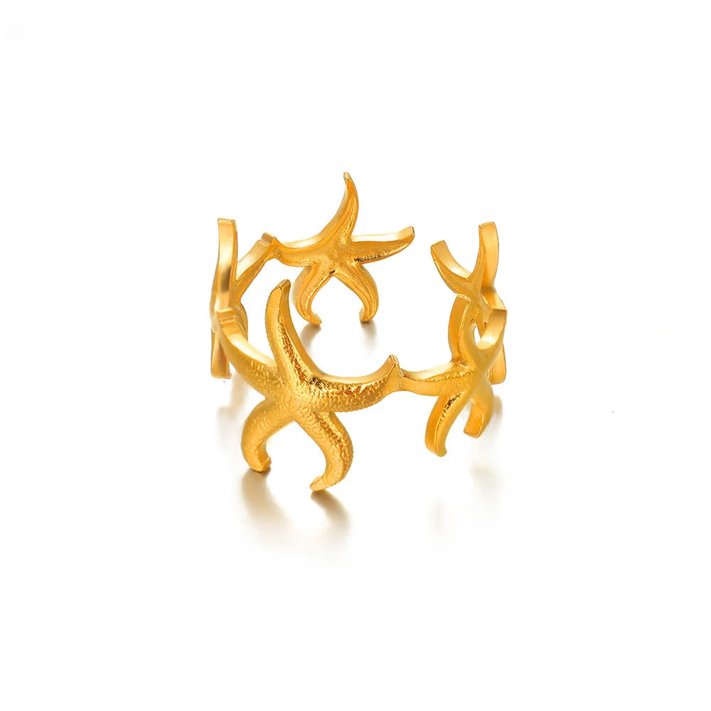316L Edelstahl Seestern Muschel Ringe für Frauen Gold Farbe Offener Fingerring Femme Trendiger Sommerurlaub Ozean Schmuck Geschenk