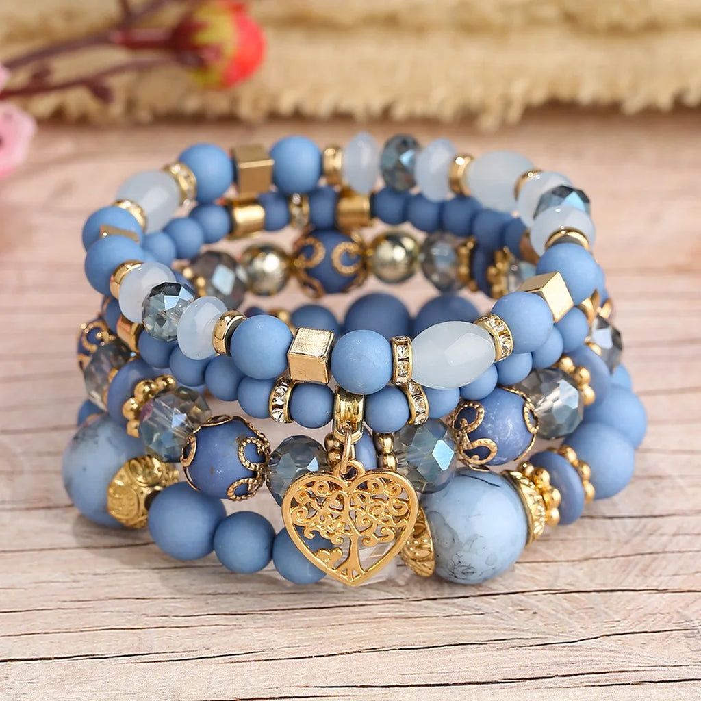 4 Stück Lebensbaum Herz Armband Set Für Frauen Acryl Glasperlen Kette Elastisches Armband Weibliche Mode Party Schmuck