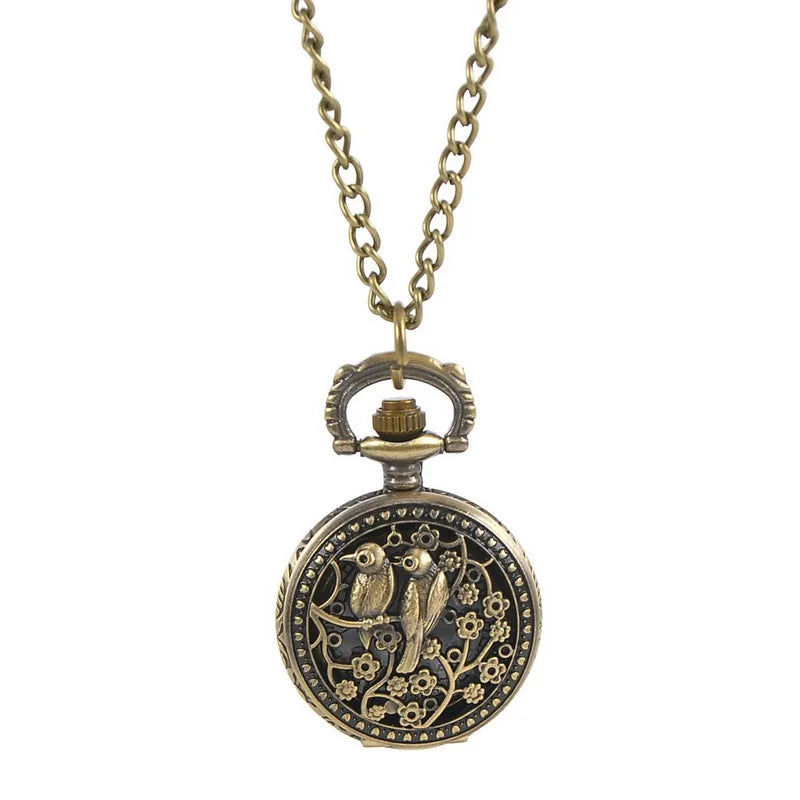 Vintage Pocket Small Watch Steampunk Quartz Watch With Chain Hollow Heart Cover Necklace Bronze Color Alloy Fob Clock Men Gift