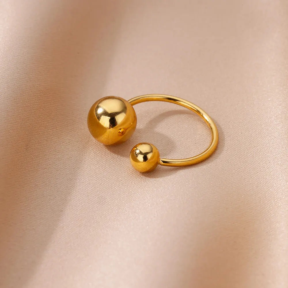 Edelstahl glatt doppelte Kugelperlenringe für Frauen Vintage Opal Natursteinring Mode Goldfarbe Ästhetischer Schmuck