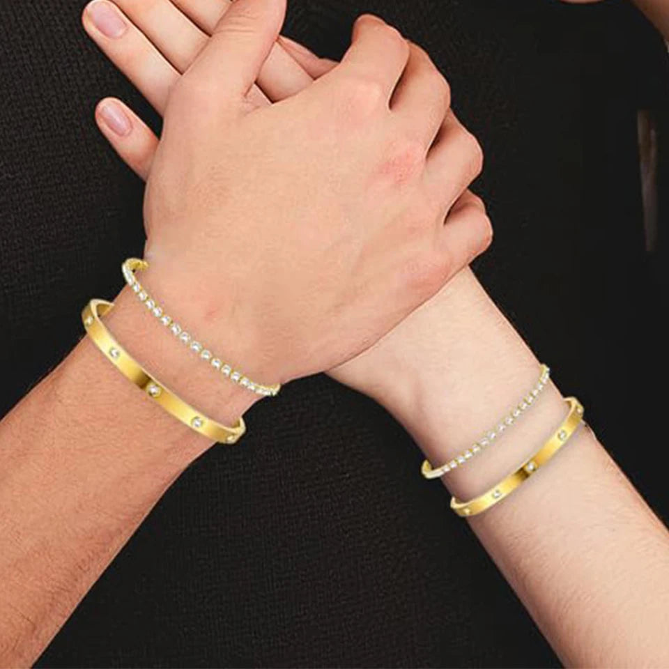 Yupsk 2 Pieces Stainless Steel Zirconia Tennis Bracelet Bangle Set Round Zircon CZ Aesthetic Women Jewelry Set Gift