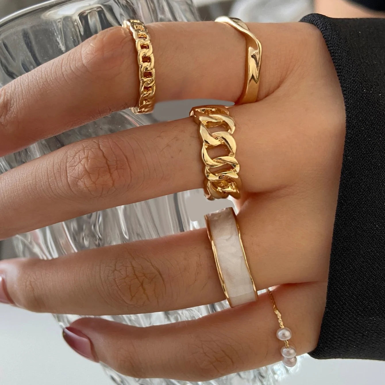 47 Teile/Set Vintage Goldfarbe Herzringe Set Für Damen Herren Hohl Schmetterling Perle Kristall Geometrische Ringe Trendiger Fingerschmuck