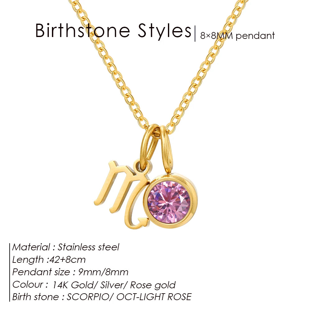 SUNIBI Stainless Steel Birthstone Zodiac Double Pendant Necklace for Woman12 Constellation Birthday Gift DIY Jewelry Wholesale