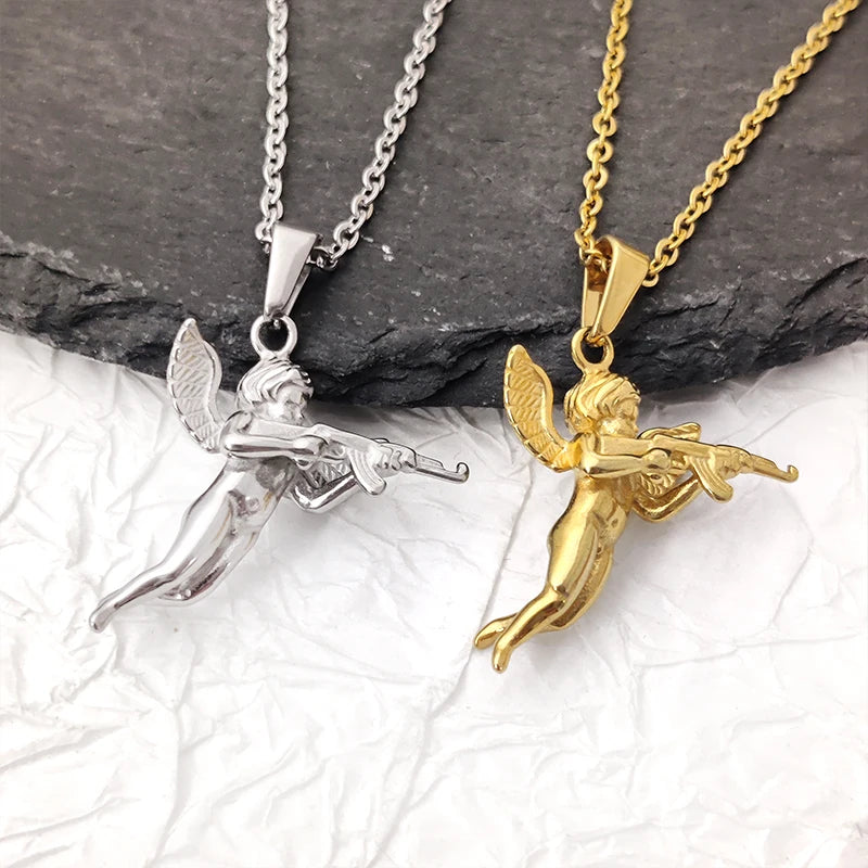 Collar con colgante de ángel 3D con pistola para hombre - chapado en oro de 18 quilates y cadena de cuerda de acero 316L, regalo de joyería gótica hip hop, "La venganza de Cupido"
