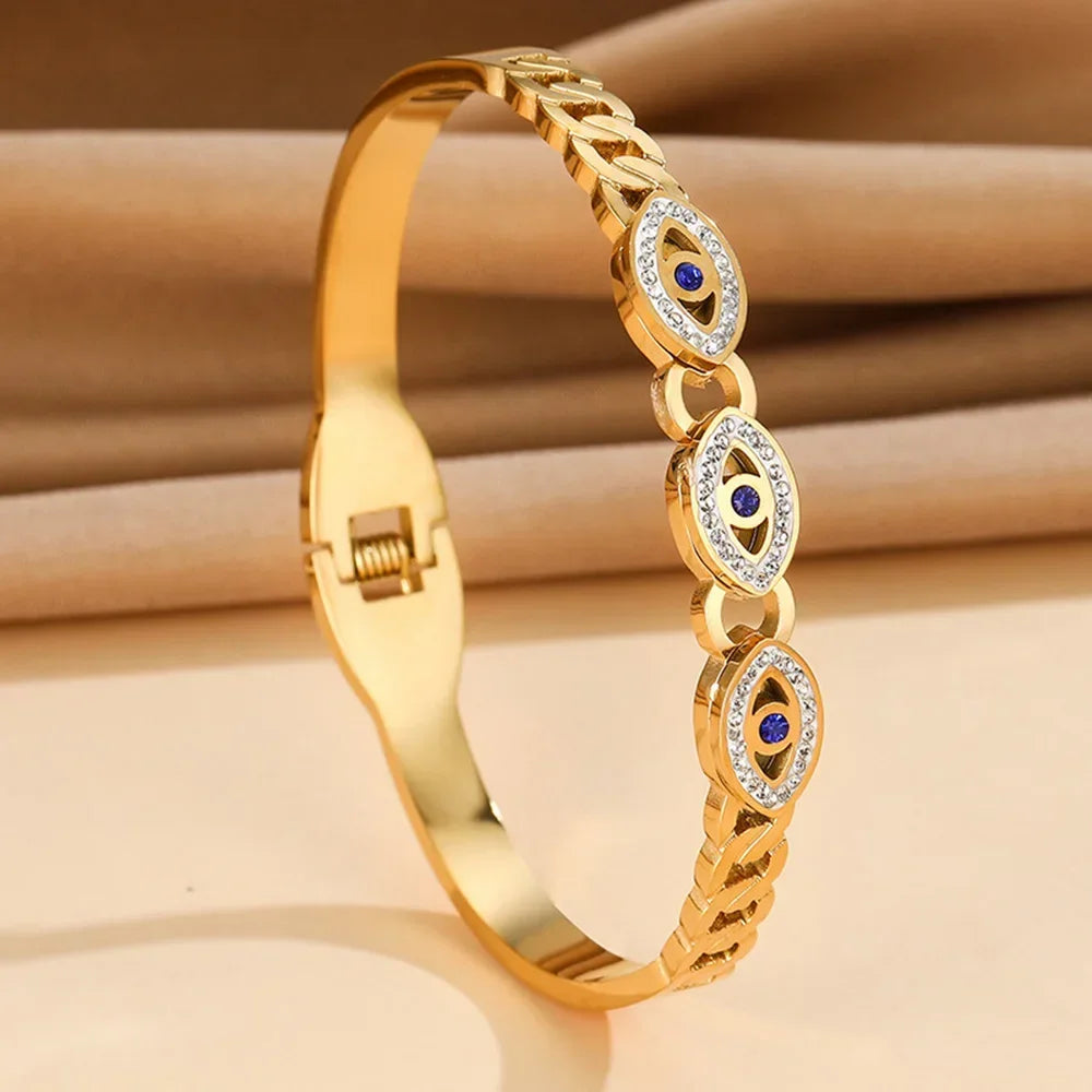 Mode Edelstahl Armband für Damen Herren Böser Blick Manschettenarmreifen Vergoldete Federverschluss Glücksbringer Schmuck Zubehör