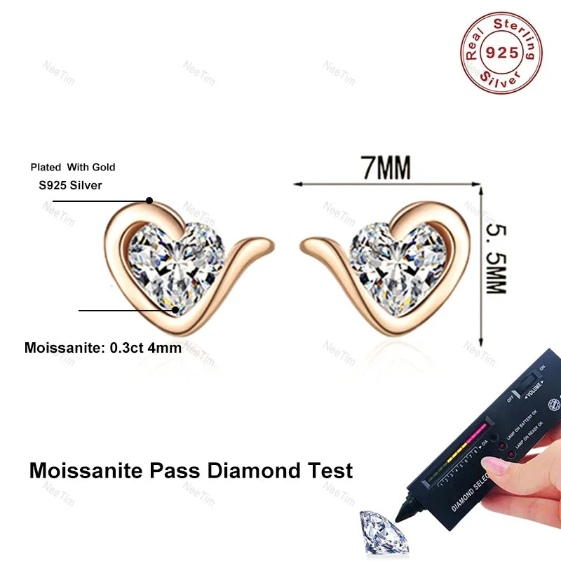 NeeTim Moissanite Herz Ohrstecker für Damen, 925er Sterlingsilber mit Weiß-Champagner-Vergoldung, Hochzeitsohrringe, zertifiziert