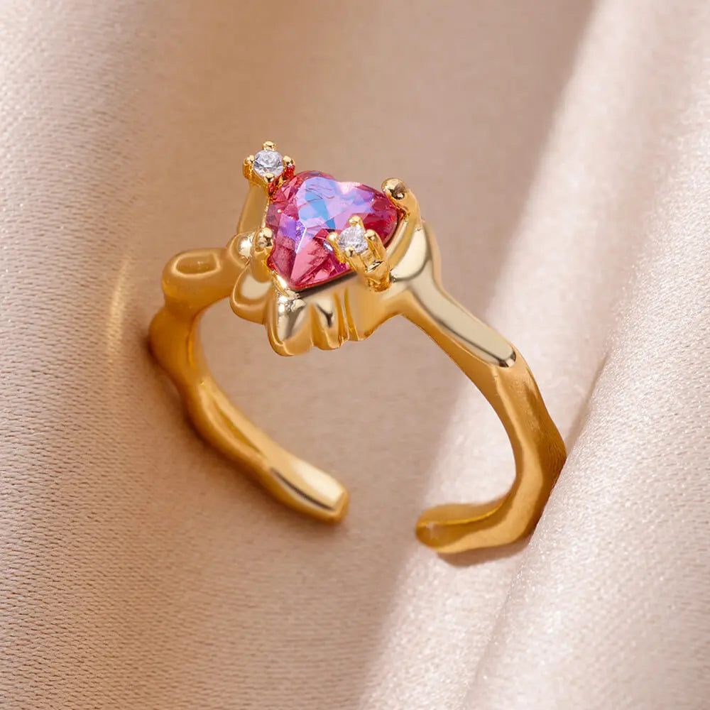 Edelstahlringe für Frauen Goldfarbe Mode Herz Zirkon Öffnungsring Weiblicher Finger Hochzeit Party Schmuck Geschenk