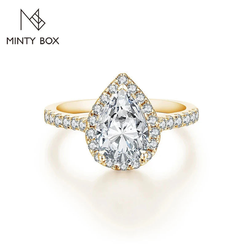 MINTYBOX Tropfenförmiger 2.0CT Luxus Moissanit Ring Massives 925er Silber 18K Vergoldeter Verlobungs-Halo-Ring für Damen Edler Schmuck Geschenk