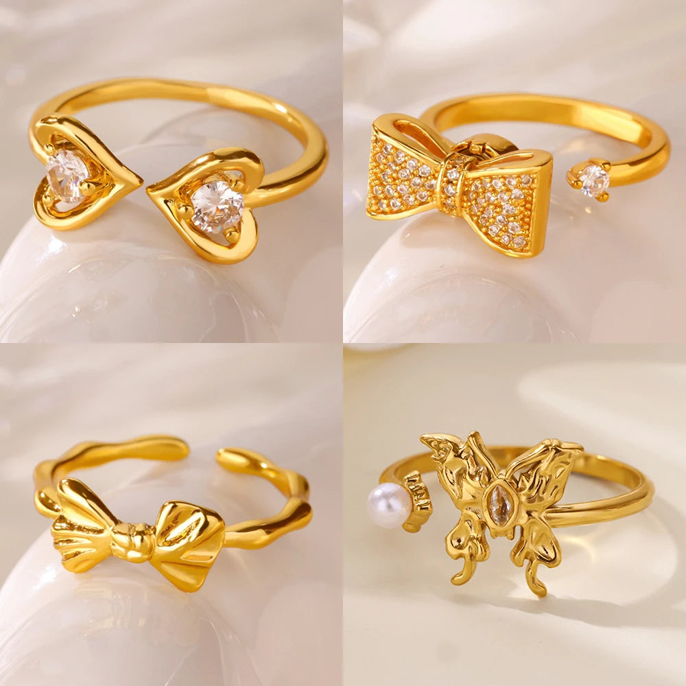 Edelstahl-Schmetterlings-Schleifenringe für Frauen Mode Zirkon-Herz-offener Ring Trendiger ästhetischer Schmuck Party Hochzeitsgeschenk