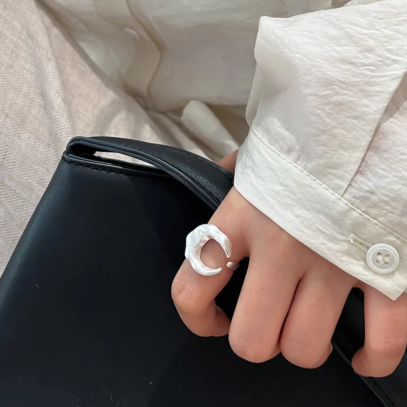925 Sterling Silber Matte Oberfläche Mond Offene Ringe für Damen Luxusschmuck Großhandel Accessoires Schmuck Argent 925