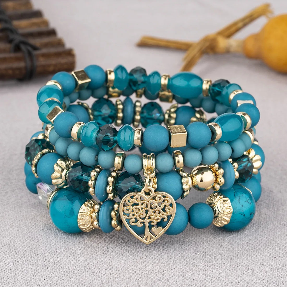 4 Stück Lebensbaum Herz Armband Set Für Frauen Acryl Glasperlen Kette Elastisches Armband Weibliche Mode Party Schmuck