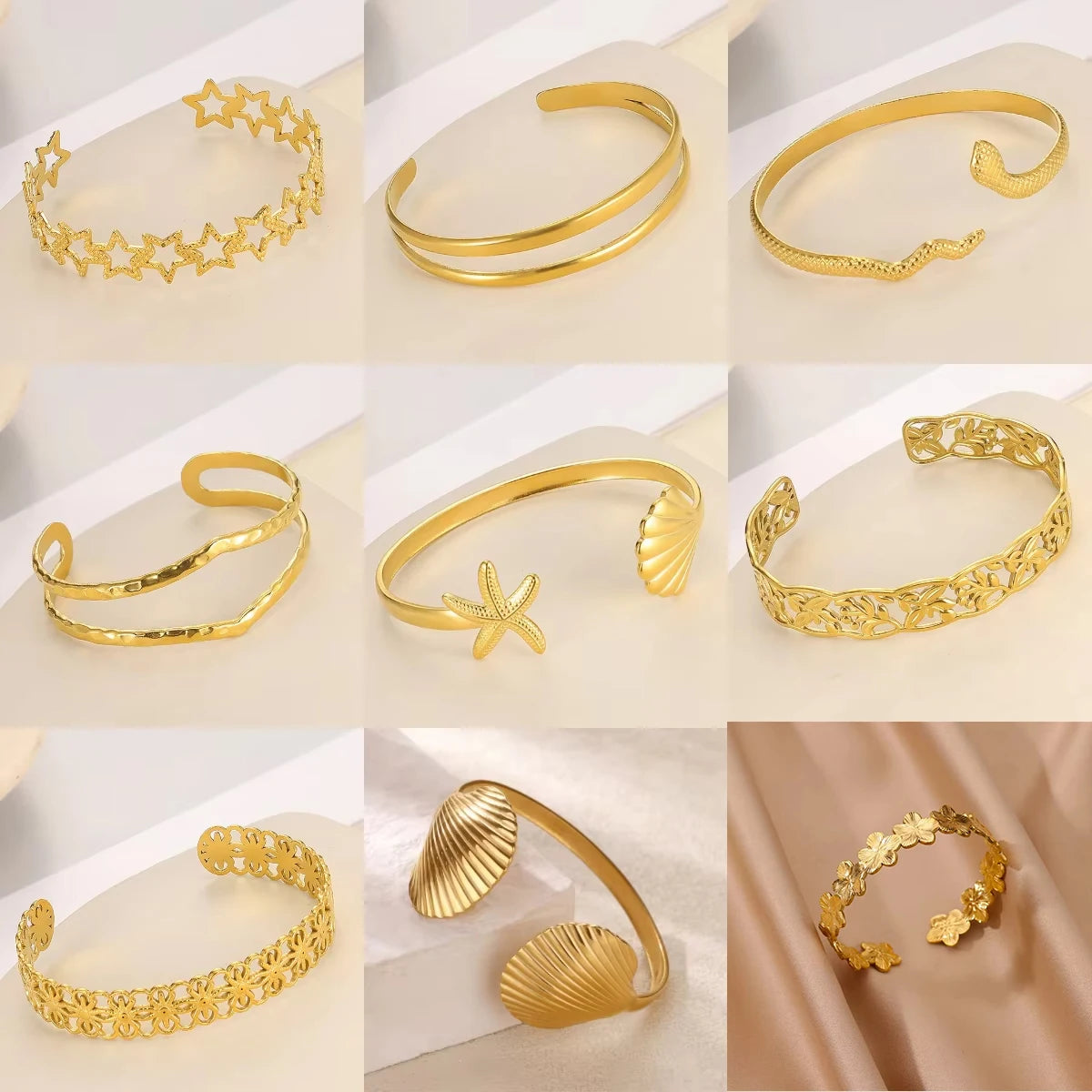 Wasserdichte Manschettenarmbänder für den Sommer für Frauen, süßes Blumen-Doppelschicht-Armband, offenes Edelstahl-Goldfarbenes Stern-Muschel-Schmuck