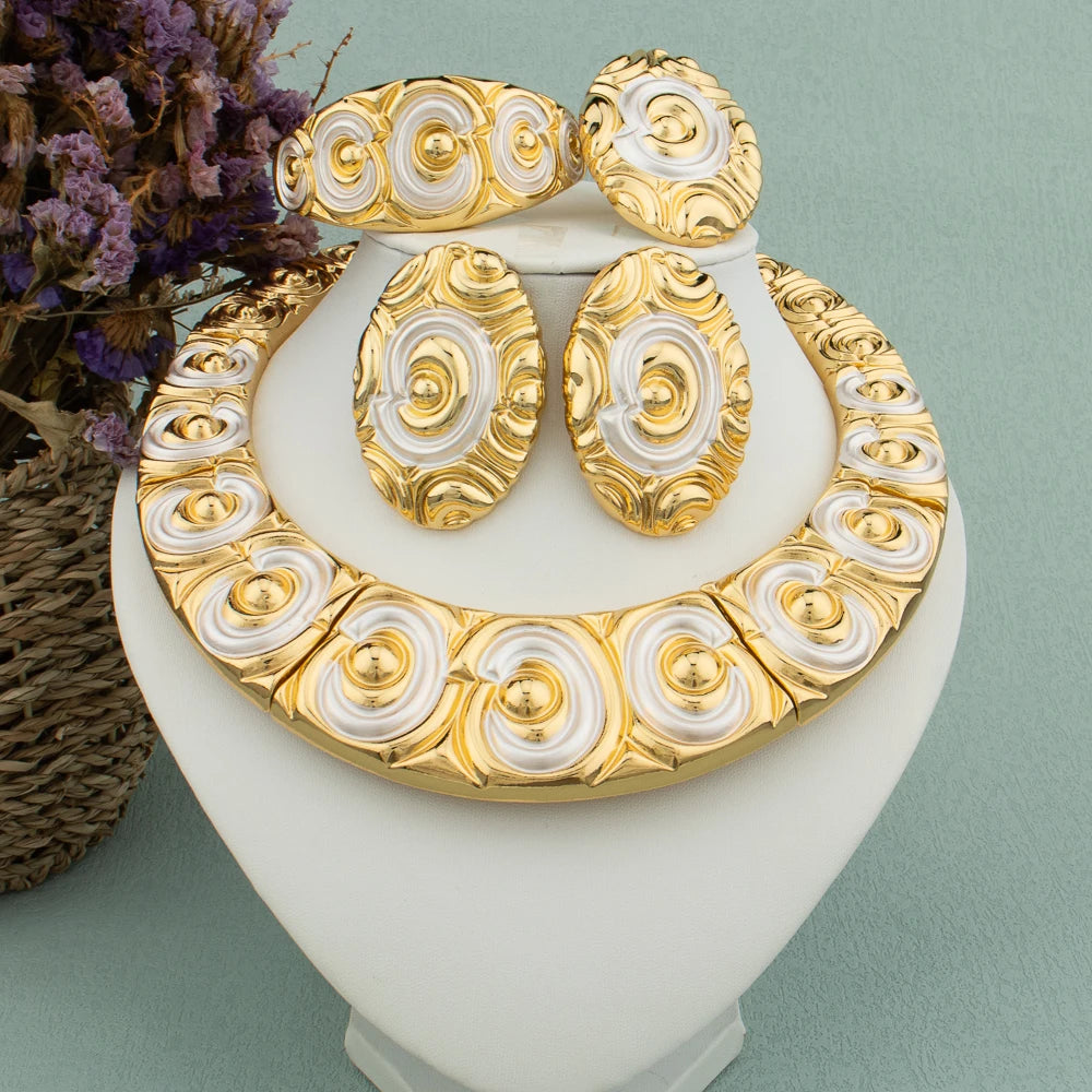 Dubai Großer Schmuckset für Frauen, Hochzeit Braut Halskette, vergoldet, mit Ohrringen, Armband und Ring, für Partygeschenk