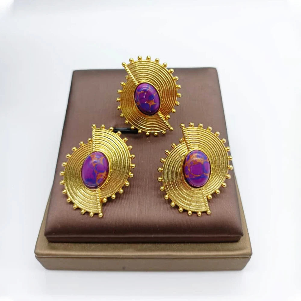 Afrikanisches Schmuckset für Damen Spiralform Neue Mode Lila Stein Ohrringe Fingerring Dubai Indischer Luxus Goldschmuck