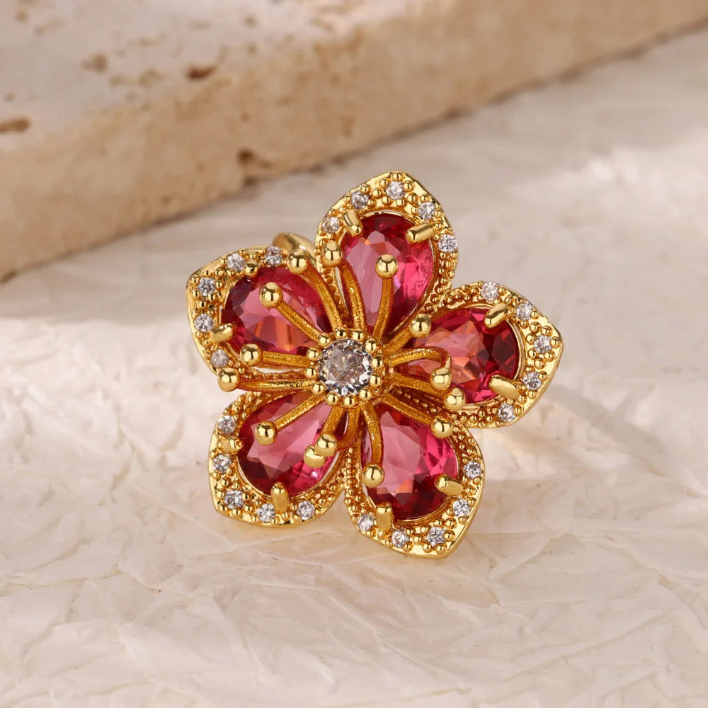 Luxuriöse bunte Zirkonia-Blumenringe für Damen, goldfarbener Edelstahl-Öffnungsring, modischer Hochzeitsparty-Ästhetik-Schmuck