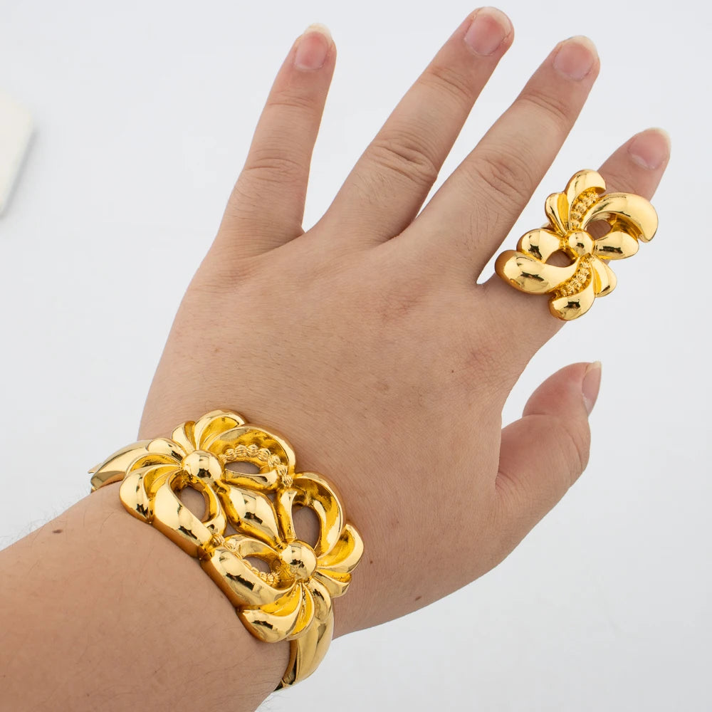 Leoparden-Design Armreif und Ring Schmuckset Vergoldet Afrikanisches Armband Verstellbarer Ring Hochzeiten Brautschmuck Accessoires