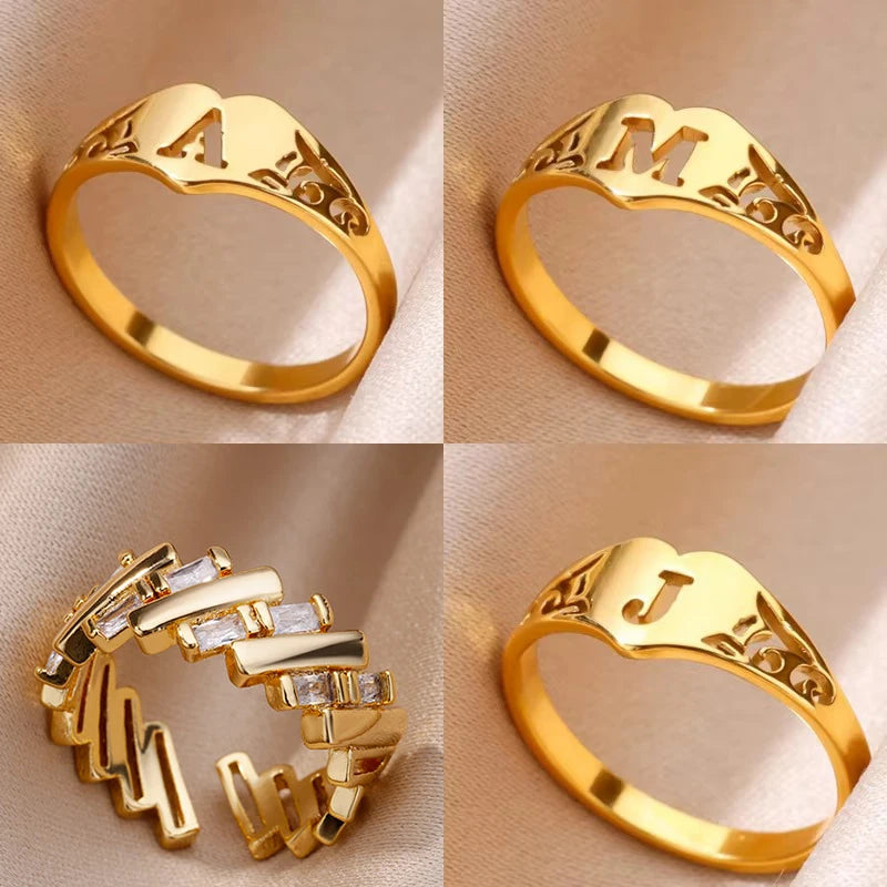 Anillos de corazón con letras iniciales huecas de moda para mujer, color dorado, acero inoxidable, anillo con letras de la A a la Z, regalo de joyería estética para boda