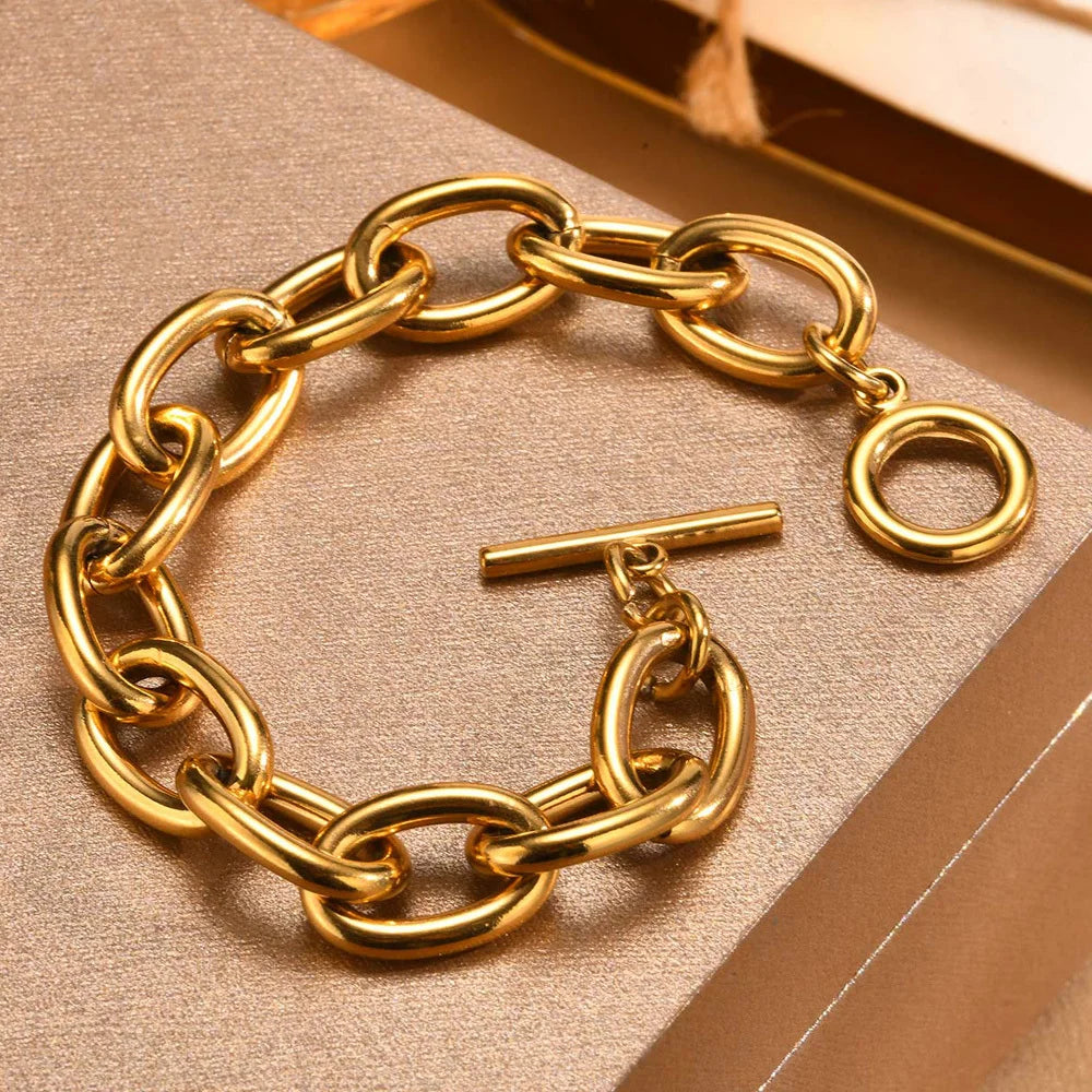 Massive klobige Toggle-Armbänder für Damen, Edelstahl OT-Verschluss-Gliederkettenarmband, vergoldet, anlaufgeschützt