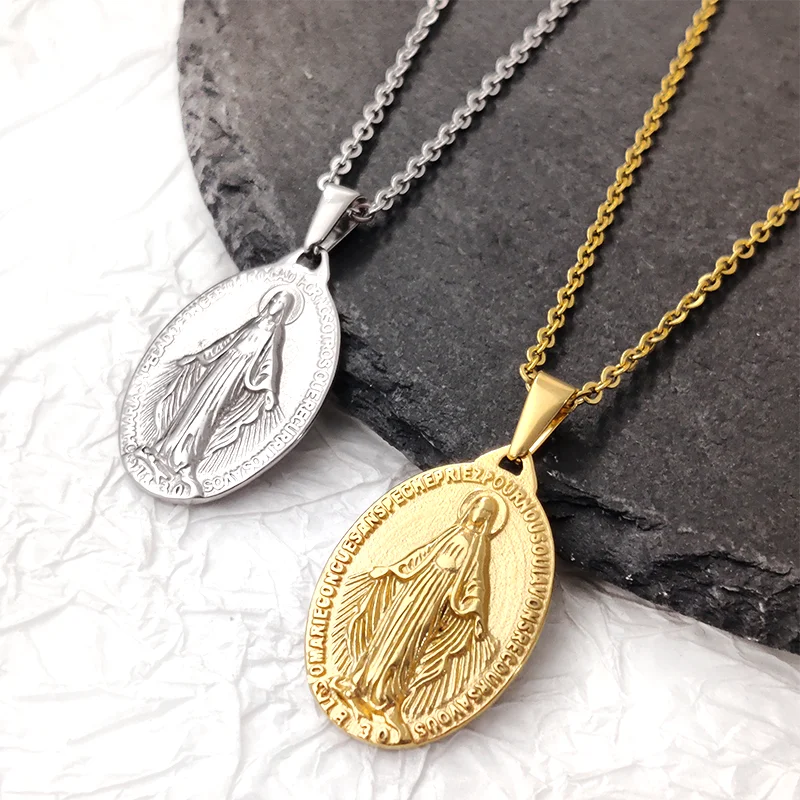 Collar de medalla de la Virgen María de oferta - Chapado en oro de 18 quilates y acero inoxidable 316L, colgante religioso, regalos católicos para mujeres y hombres