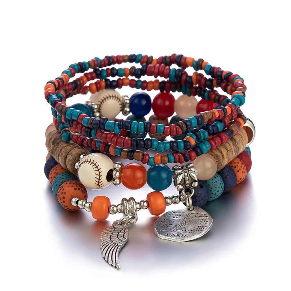 Boho Lebensbaum-Armband-Set für Frauen, modische Quasten, Charms, Holzperlen, elastische Kette, Armreif, trendiger Party-Schmuck für Mädchen