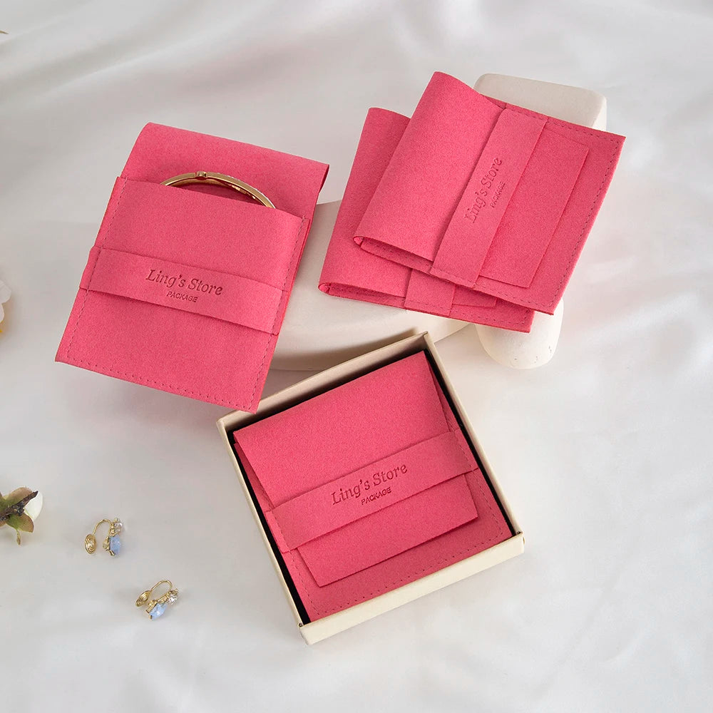 50/100Pcs Chic Custom Logo Jewelry Microfiber Strip Bag Rose Beige Pink Envelope Velvet Ring Earring Pendant Necklace Stud Pouch