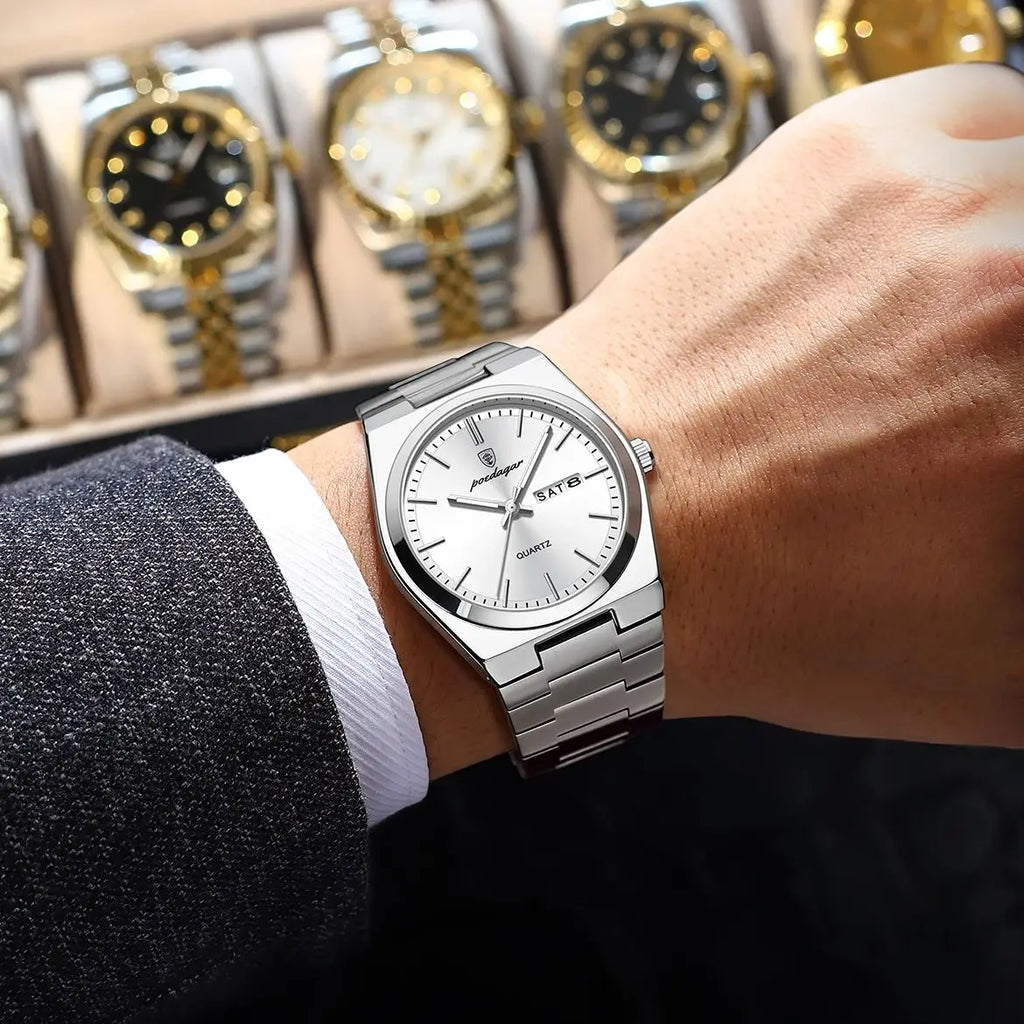 POEDAGAR Lujoso Reloj de Pulsera de Negocios para Hombre, Impermeable, Luminoso, de Acero Inoxidable, con Fecha, Semana, Moda, Relojes de Cuarzo para Hombre+Caja