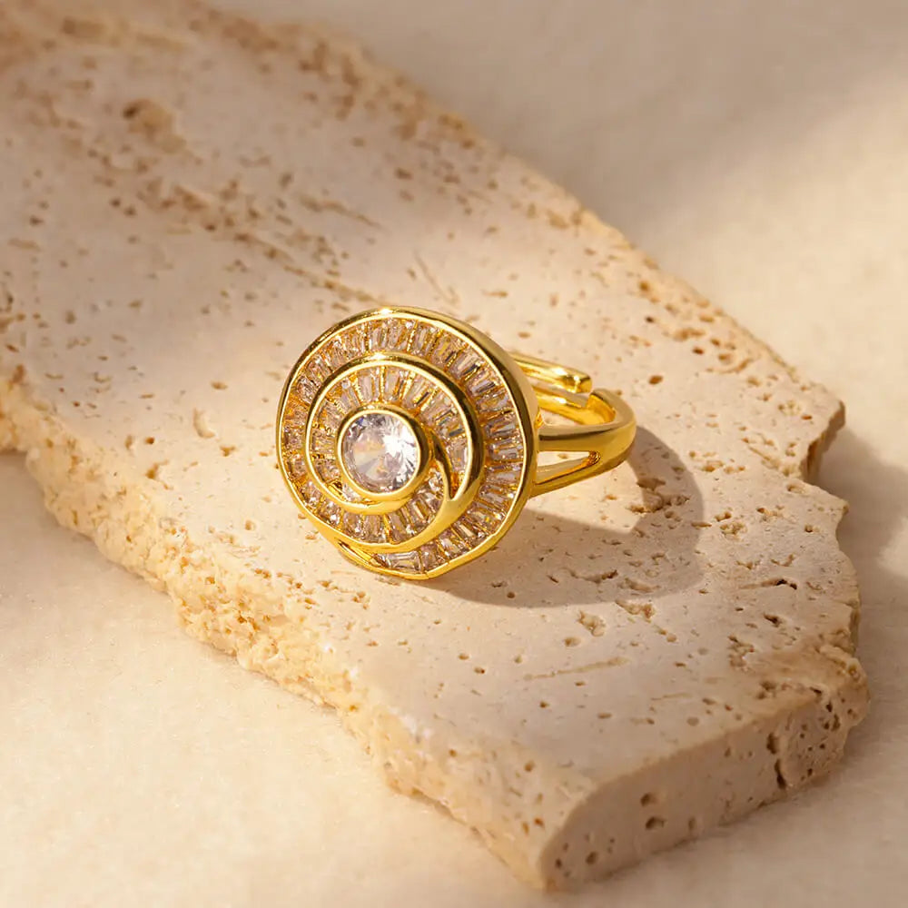 Zirkonia Blumenringe für Frauen, offene Edelstahl-Ringe in Goldfarbe, Hochzeits-Paar-Band, wasserdichter Schmuck
