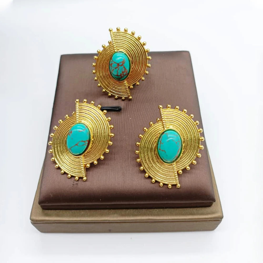 Afrikanisches Schmuckset für Damen Spiralform Neue Mode Lila Stein Ohrringe Fingerring Dubai Indischer Luxus Goldschmuck