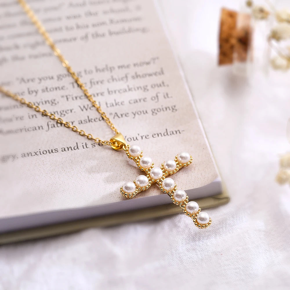 NEWBUY Classic Design Cross Pendant Gold Color 316L Stainless Steel Chain Necklace For Women Luxury Pearl Jewelry