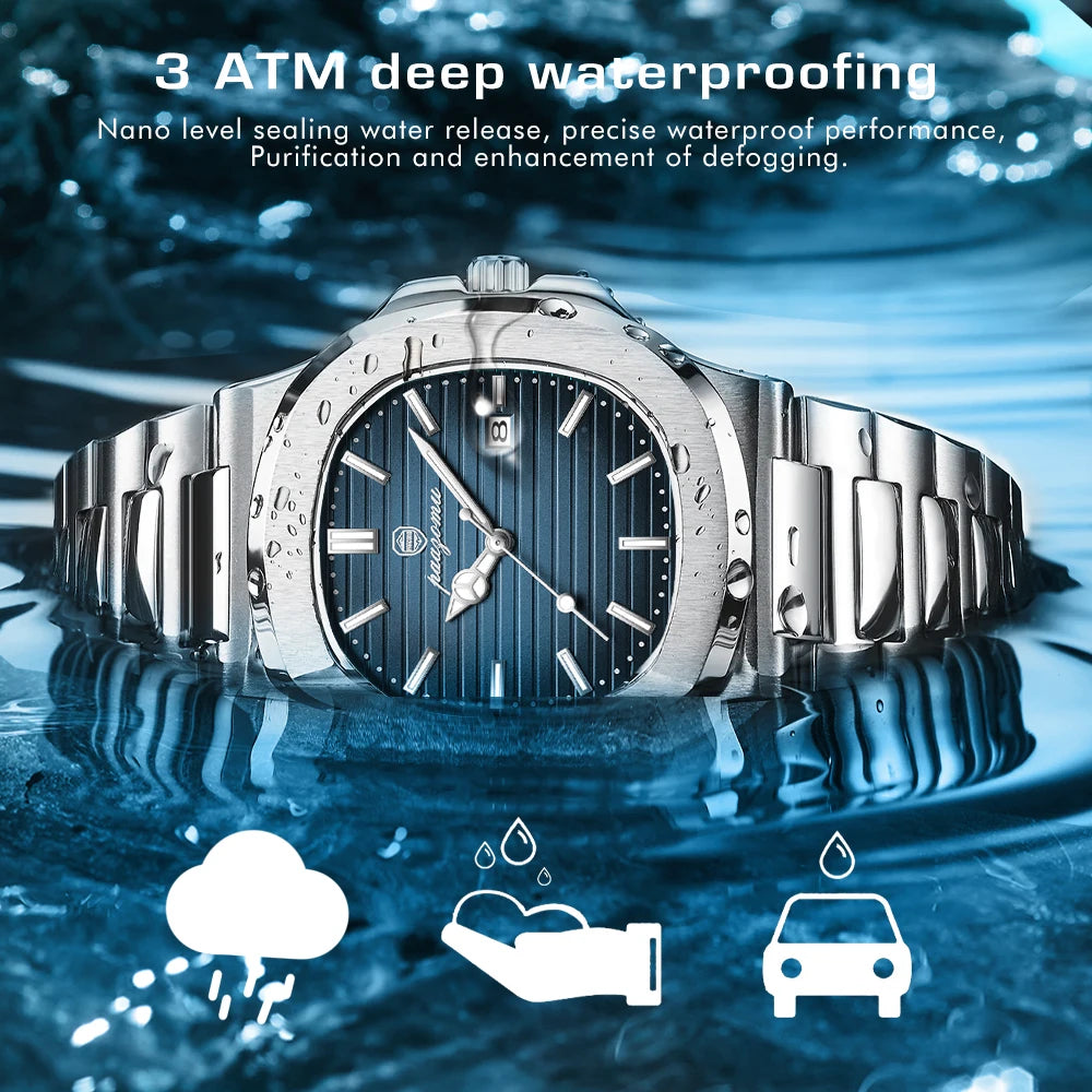 PAAZOMU Reloj de lujo empresarial de 50 ATM, resistente al agua, para hombre, reloj luminoso, fecha, acero inoxidable, cuarzo cuadrado, relojes de hombre, reloj hombre