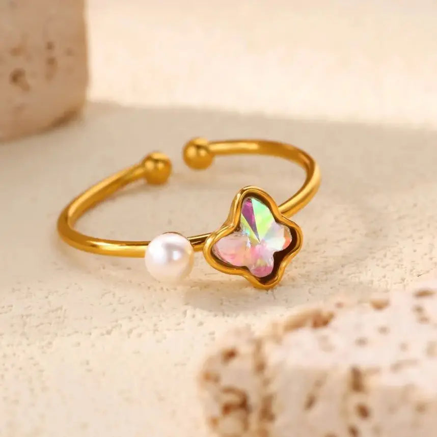 Edelstahl Vierblättriges Kleeblatt Ringe für Frauen Goldfarbe Zirkon Öffnung Paar Ring Ästhetischer Hochzeit Bohème Schmuck Geschenk