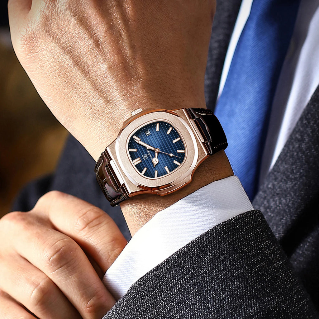 POEDAGAR Reloj de Cuarzo de Cuero para Hombre, a la Moda, Cuadrado, Impermeable, Luminoso, con Fecha, de Negocios, Casual, Reloj de Pulsera para Hombre