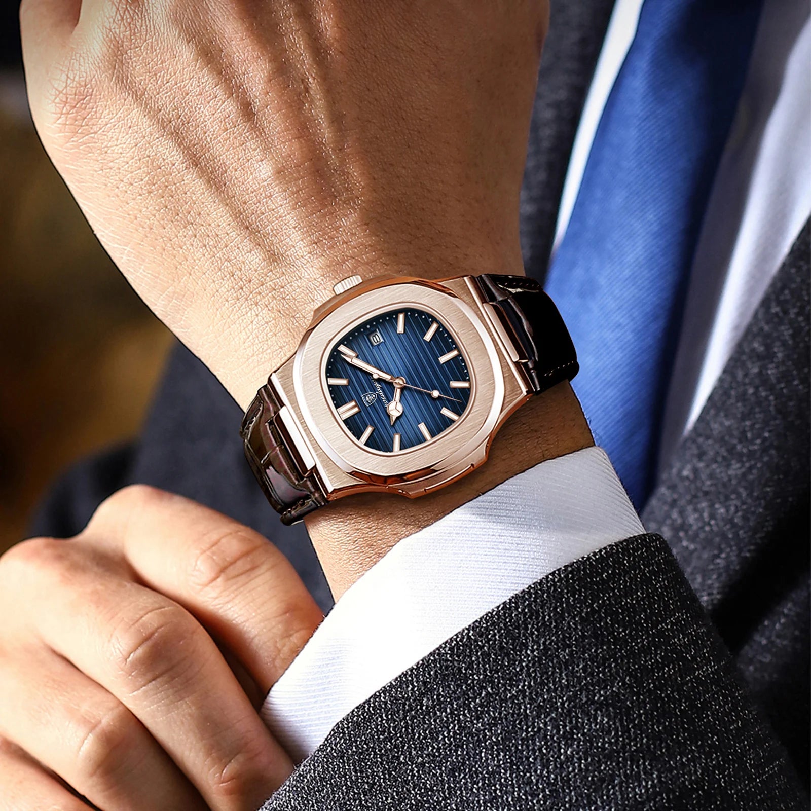 POEDAGAR Reloj de Cuarzo de Cuero para Hombre, a la Moda, Cuadrado, Impermeable, Luminoso, con Fecha, de Negocios, Casual, Reloj de Pulsera para Hombre