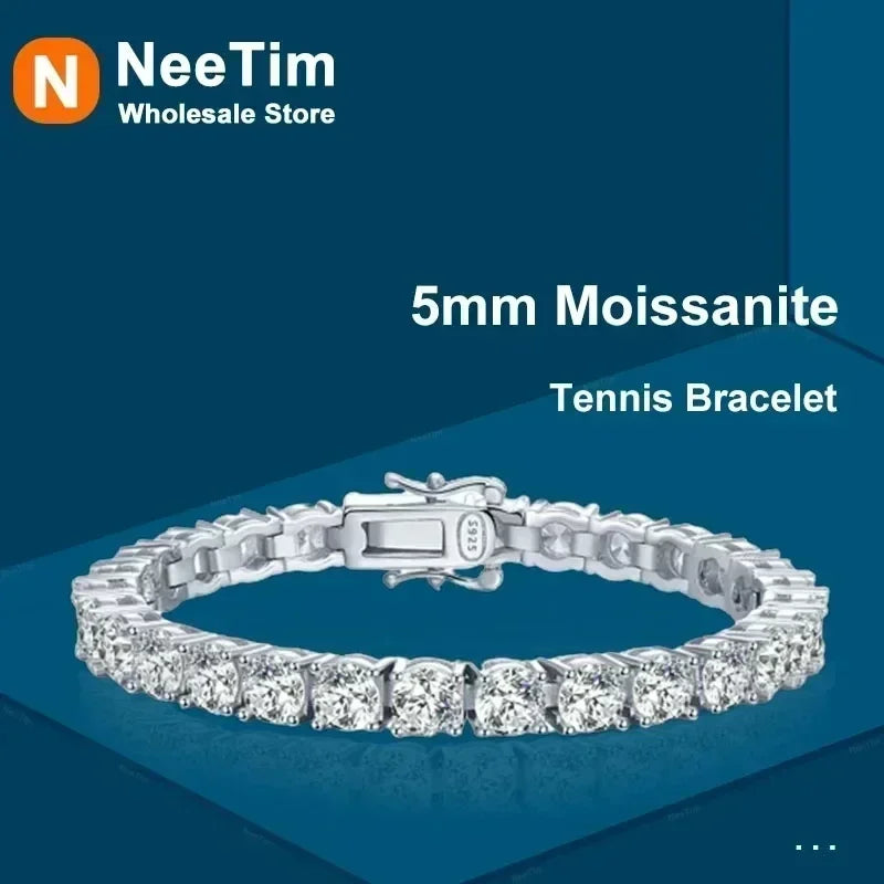 NeeTim 3mm 4mm 5mm Moissanit Tennisarmband Volldiamant 925er Sterlingsilber vergoldet Armbänder für Damen Herren