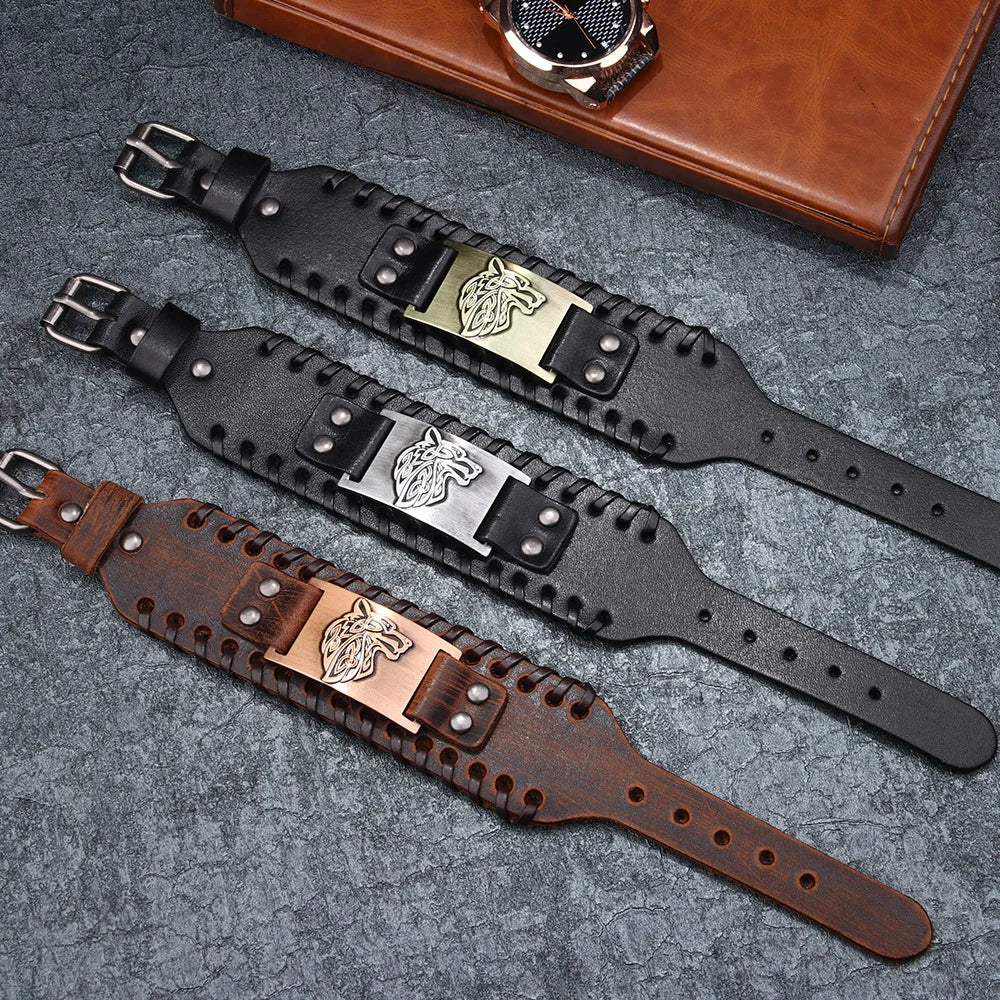 Herren Stilvolles Wikinger-Armband Leder Kühnes Wolfsmotiv Metallverzierung Armreif Punk Rock Partys Schmuck Einzigartiges Geschenk