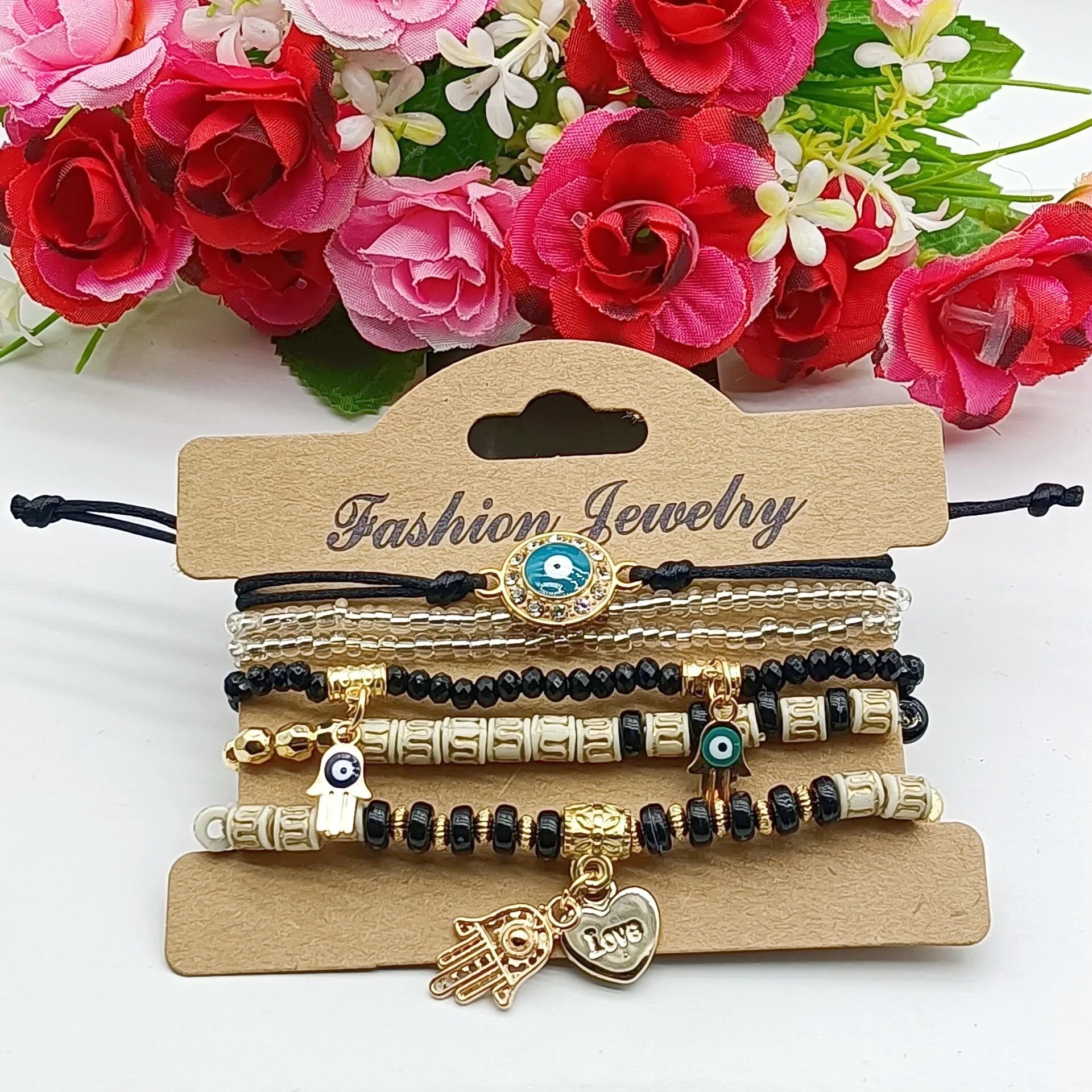 6Pcs Fatima Hand Böses Auge Armband Set für Frauen Herz Charm Perlen Seilkette Armreif Weiblicher Böhmischer Handgemachter Schmuck
