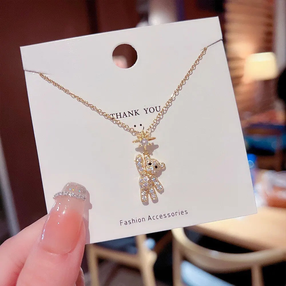Obega Lovely Bear Necklaces for Women Cubic Zircon Inlaid Gold Color Neck Chain Female Necklaces Cute Jewelry Pendant