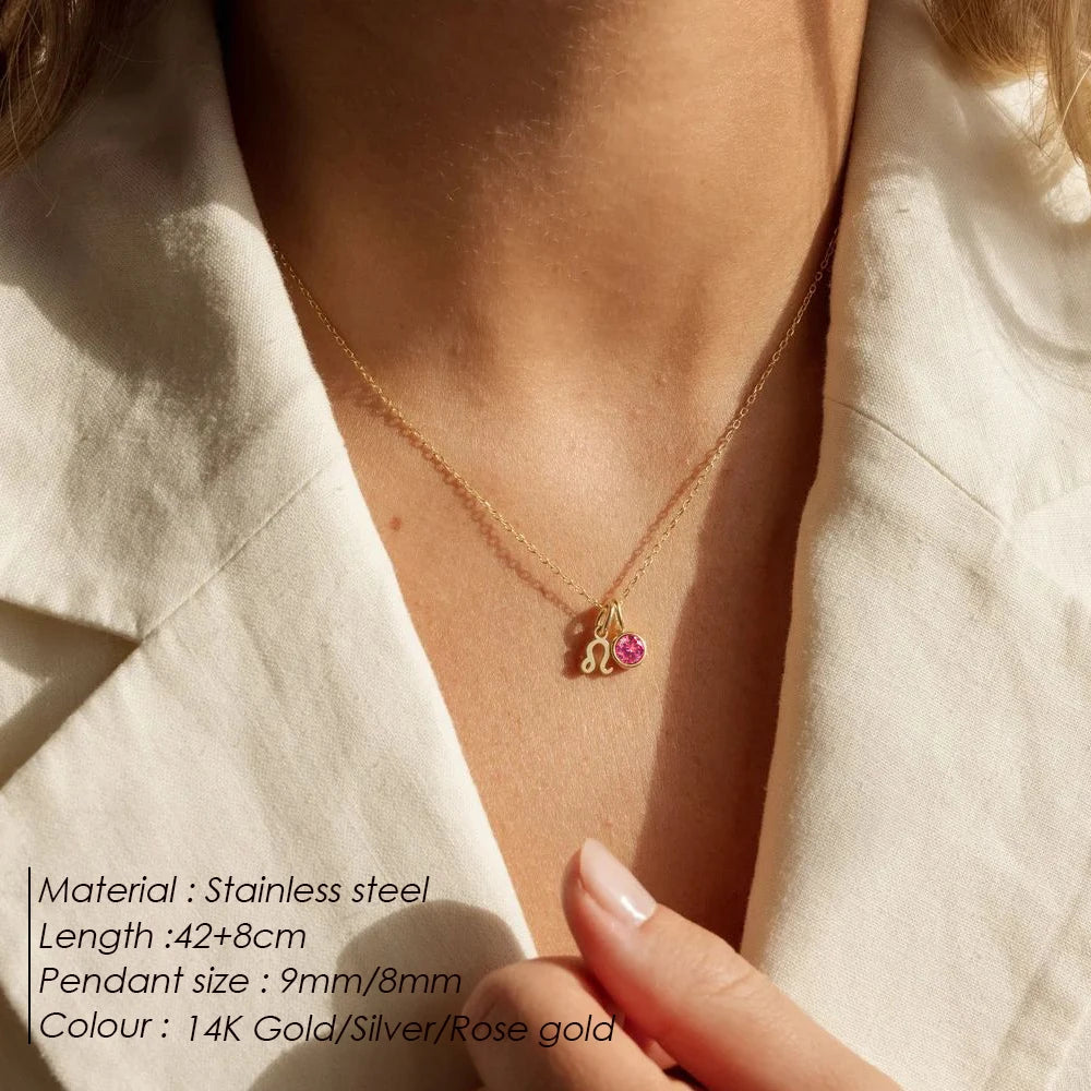 SUNIBI Stainless Steel Birthstone Zodiac Double Pendant Necklace for Woman12 Constellation Birthday Gift DIY Jewelry Wholesale