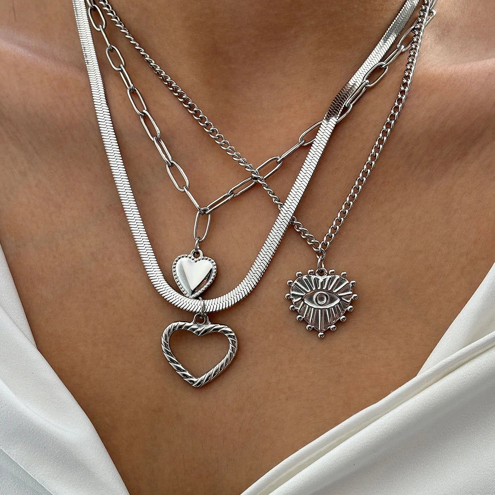 Stainless Steel Necklace Vintage Noble Texture Unique Heart Pendant Multi-style Chain Fine Necklace For Women Jewelry Party Wear