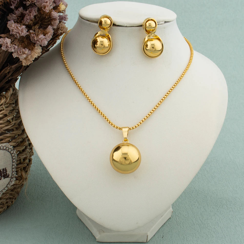 Schlichtes geometrisches Halsketten-Ohrringe-Set aus Metall mit kugelförmigem Anhänger für Damen, Edelstahl, vergoldet, lichtecht, trendiger Schmuck