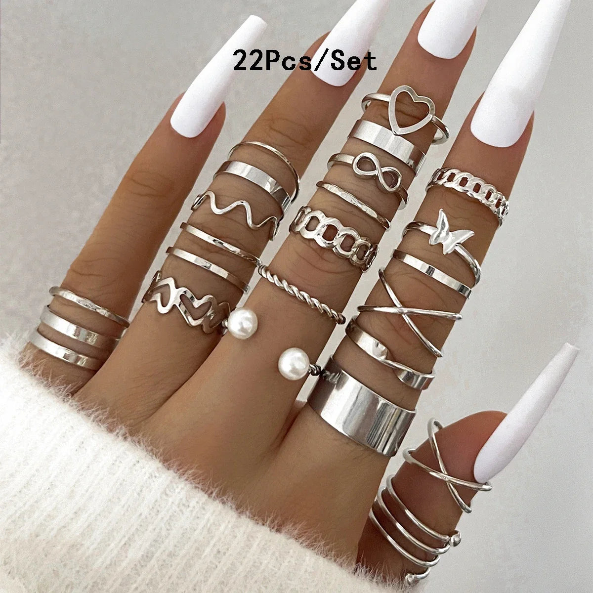 28tlg. Modisches geometrisches Knöchelringe-Set für Damen Kristall Herz Gold Silberfarbene Ringe Mädchen Party Schmuck Zubehör