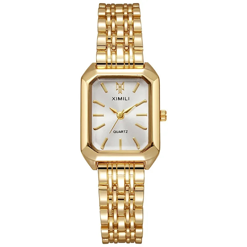 2025 Marca de moda de acero inoxidable correa de reloj para mujer, reloj de pulsera de cuarzo de lujo, reloj de cuarzo cuadrado simple para estudiantes