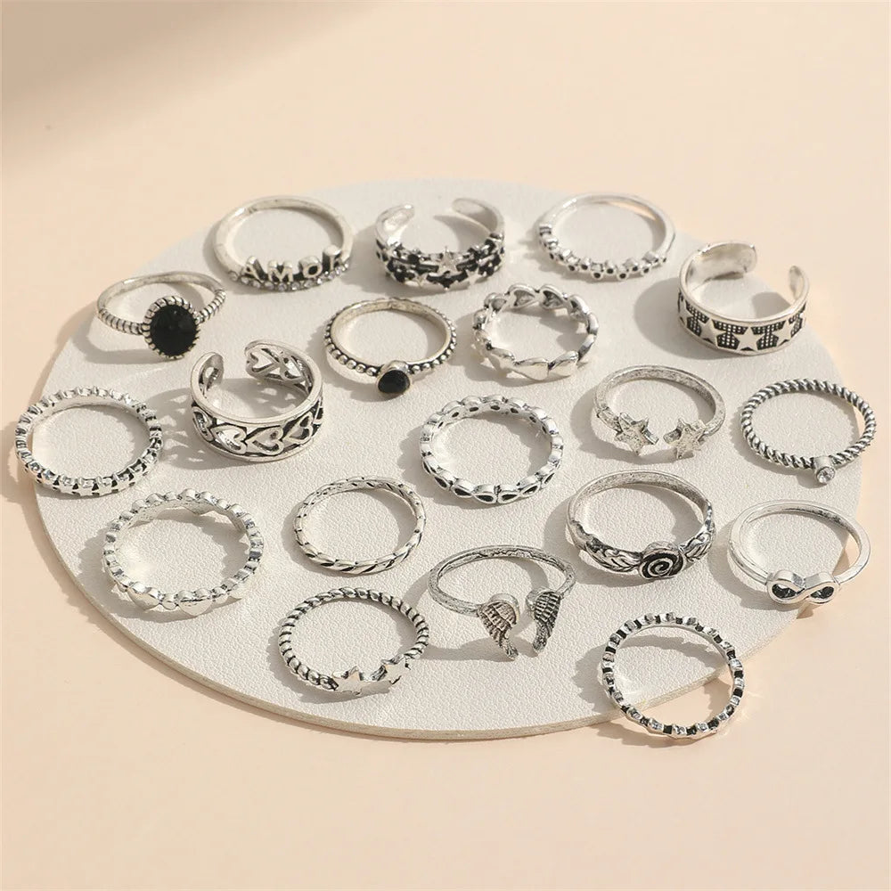 19 Teile Retro Punk Fingerring Set für Frauen Vintage Herz Flügel Stern Gothic Ring Damen Mode Schmuck Accessoires